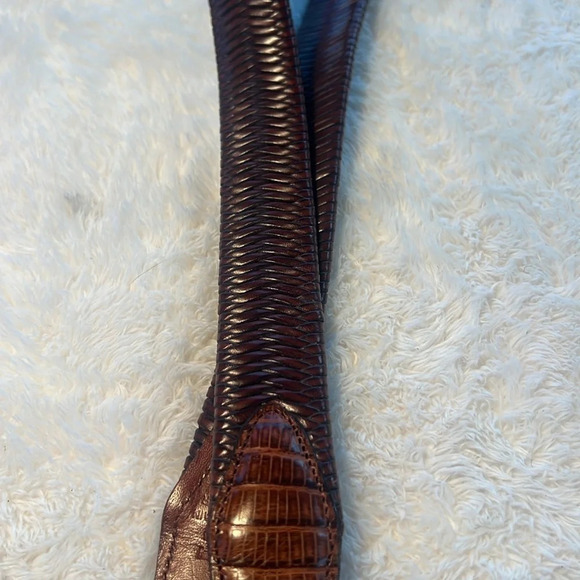 Vintage Brown Belt Sz 34 Fishtail Braided Fullgrain Leather Reptile Brass Buckle - Picture 10 of 16